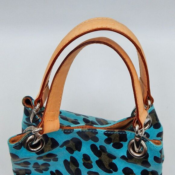 Maurizio Taiuti Italy Blue Leopard Print Pebbled Leather Purse Top Handle Bag - Picture 4 of 12